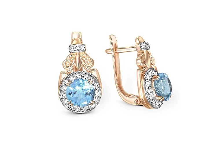 Серьги из красного золота с 2 топазами swiss и 36 фианитами