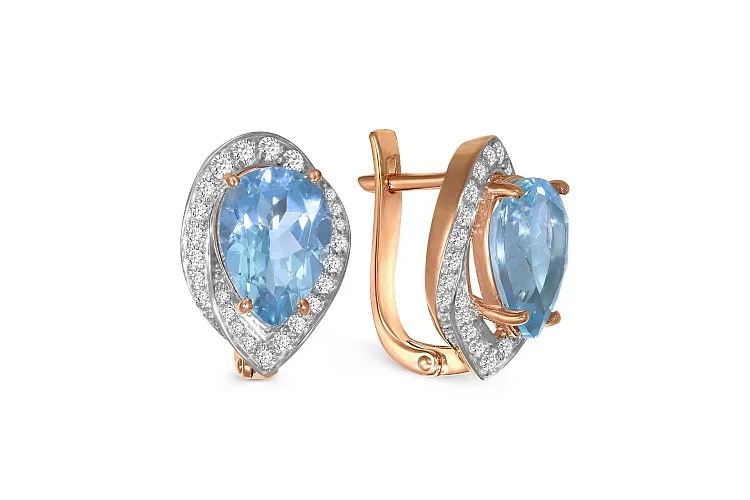 Серьги из красного золота с 2 топазами sky и 52 фианитами