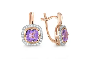 Серьги из красного золота с 2 аметистами и 48 фианитами