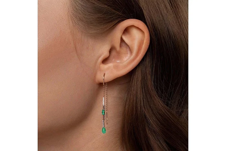 Серьги-продёвки из красного золота с 4 агатами и 20 фианитами