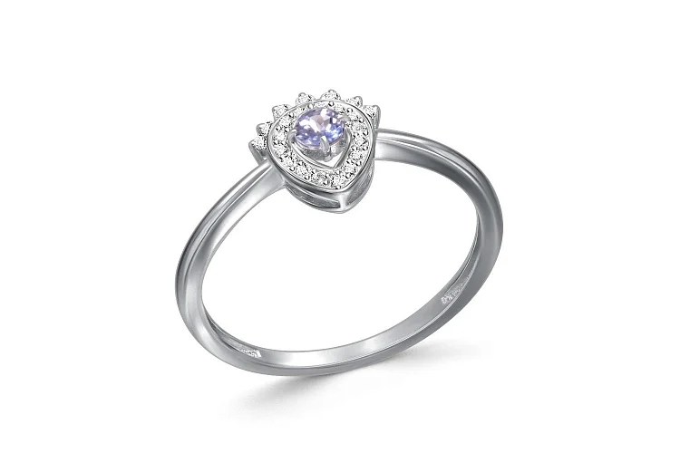 Кольцо из белого золота с танзанитом и 22 фианитами