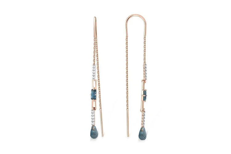 Серьги-продёвки из красного золота с 4 топазами лондон и 20 фианитами