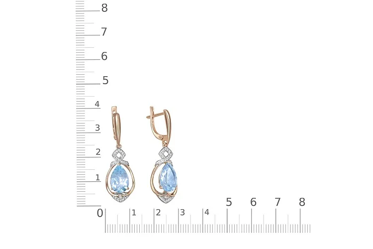 Серьги из красного золота с 2 топазами sky и 48 фианитами