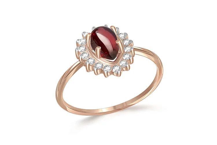Кольцо из красного золота с гранатом и 16 фианитами