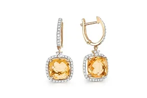 Серьги из жёлтого золота с 2 цитринами и 80 фианитами