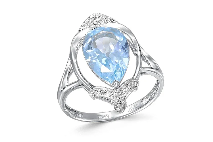 Кольцо из белого золота с топазом sky и 23 фианитами