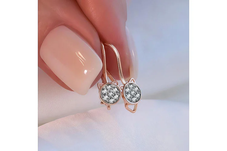 Детские серьги Кошки из красного золота с 14 фианитами