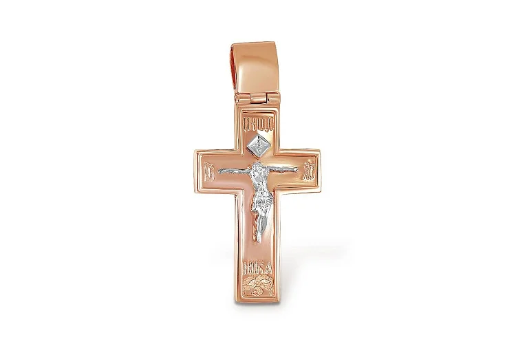 Крест из красного золота с 3 фианитами