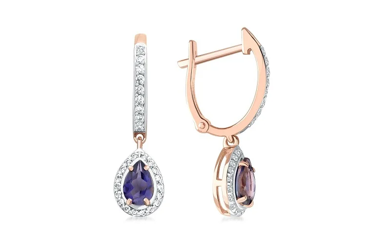 Серьги из красного золота с 2 иолитами и 54 фианитами