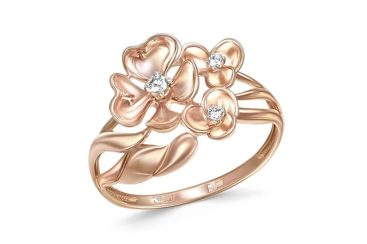 Кольцо Цветок из красного золота с 3 фианитами