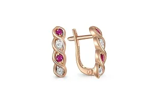Серьги Дорожки из красного золота с 4 корундами и 4 бриллиантами