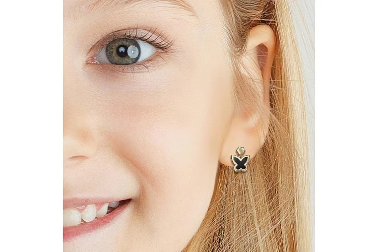 Детские серьги-пусеты Бабочки из жёлтого золота с 2 ониксами