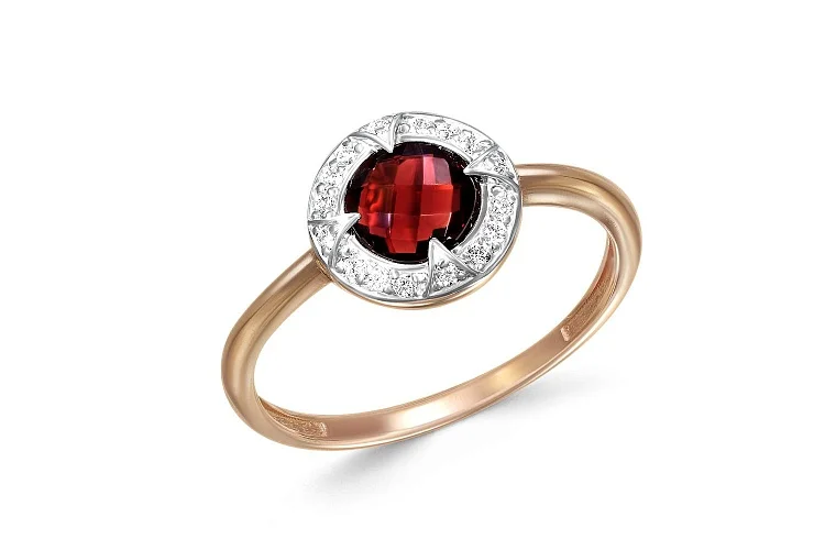Кольцо из красного золота с гранатом и 16 фианитами