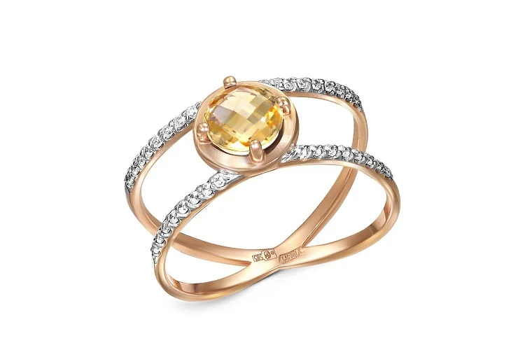 Кольцо из красного золота с цитрином и 32 фианитами