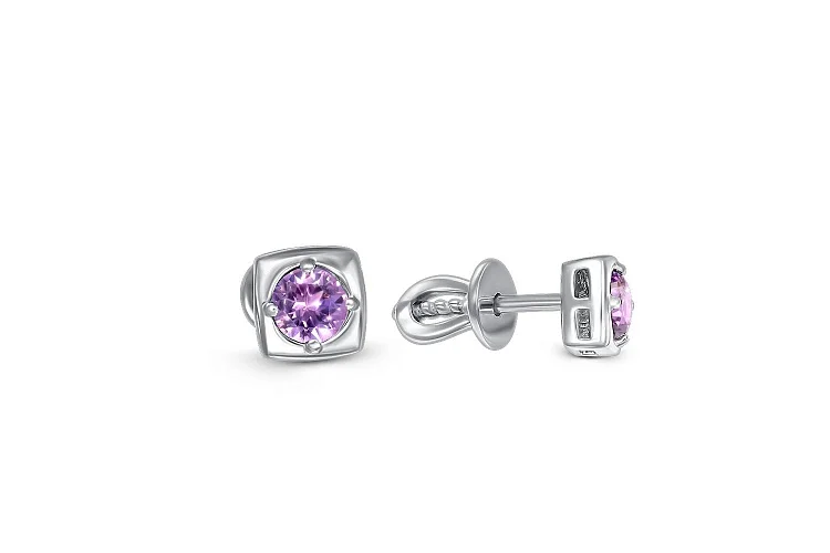 Серьги-пусеты Квадраты из белого золота с 2 аметистами