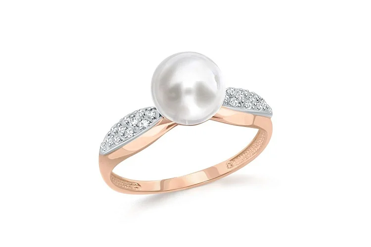 Кольцо из красного золота с жемчугом и 22 фианитами