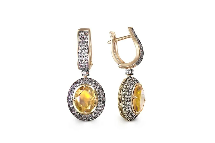 Серьги из жёлтого золота с 2 цитринами и 290 бриллиантами