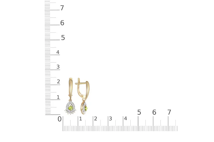 Серьги из жёлтого золота с 2 хризолитами и 44 фианитами