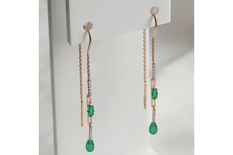 Серьги-продёвки из красного золота с 4 агатами и 20 фианитами