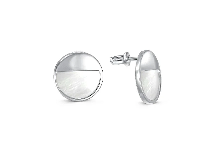 Серьги-пусеты Круги из белого золота с перламутром