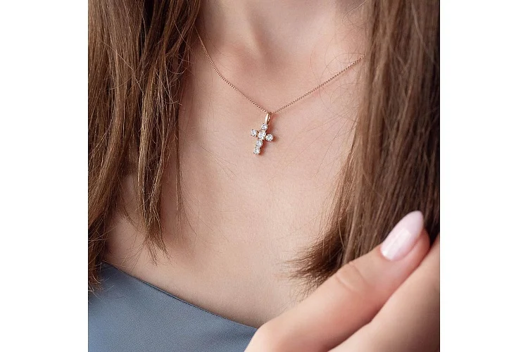 Крест из красного золота с 6 фианитами