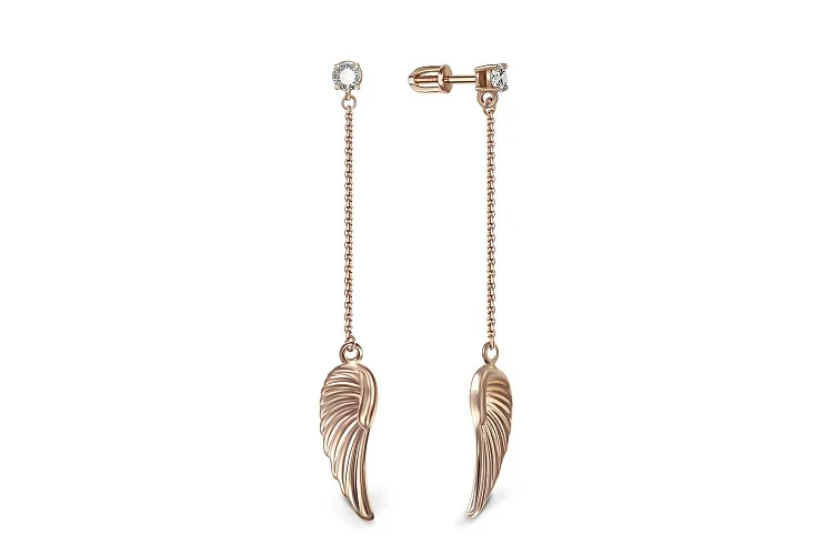 Серьги-пусеты Крылья из красного золота с 2 бриллиантами