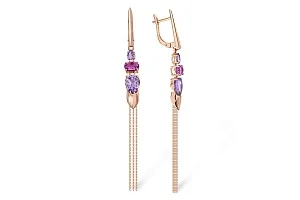 Серьги из красного золота с 4 аметистами и 2 родолитами