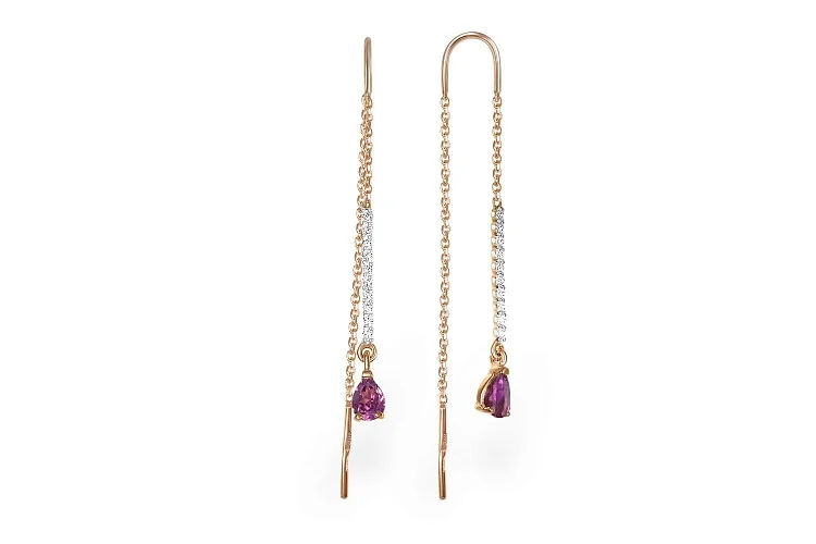 Серьги-продёвки Дорожки из красного золота с 2 родолитами и 20 фианитами