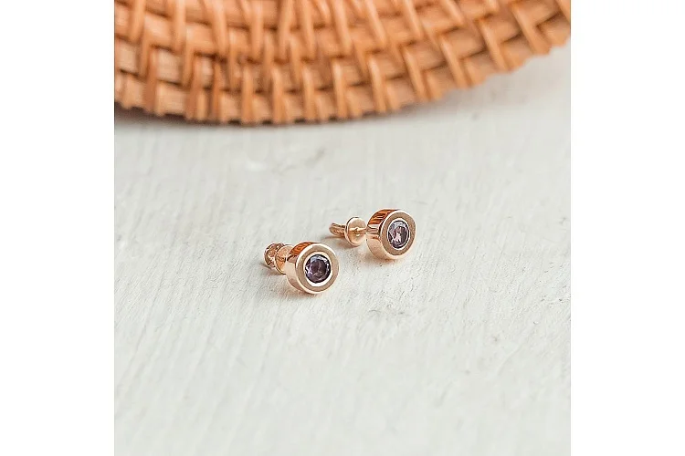 Серьги-пусеты из красного золота с 2 аметистами