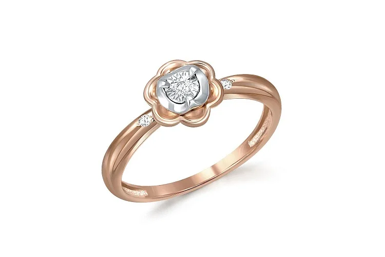 Кольцо Цветок из красного золота с 3 бриллиантами
