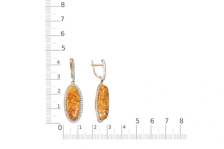 Серьги из красного золота с янтарём и 108 фианитами