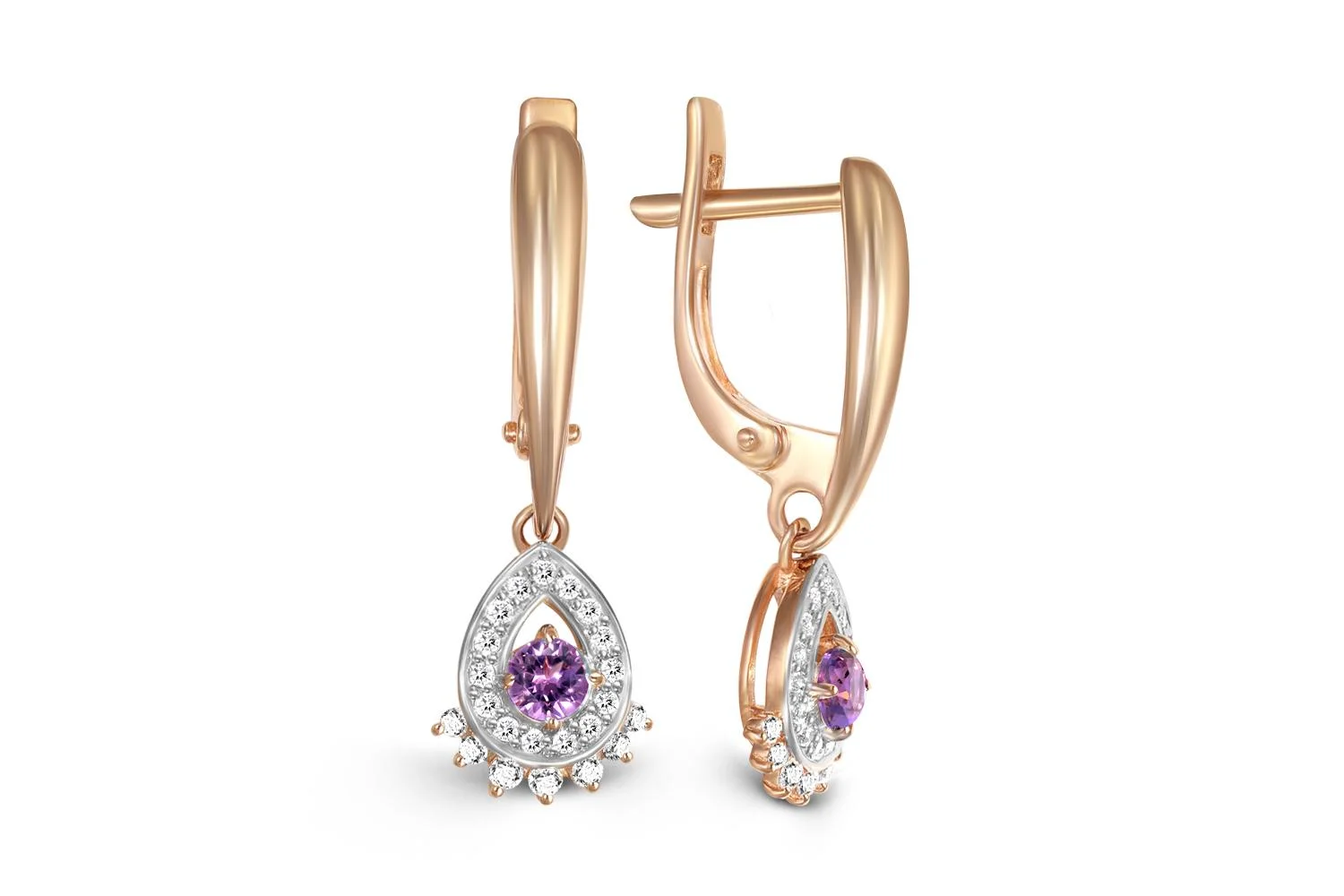 Серьги из красного золота с 2 аметистами и 44 фианитами