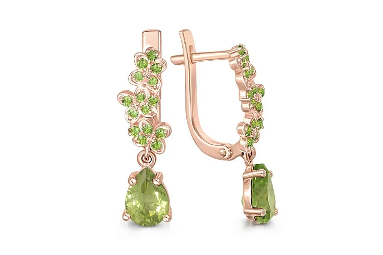 Серьги из красного золота с 32 хризолитами