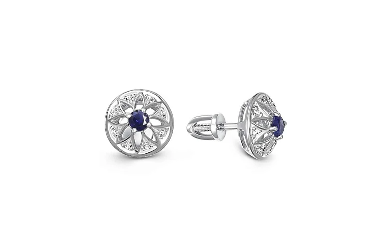 Серьги-пусеты Цветы из белого золота с 2 сапфирами и 16 фианитами