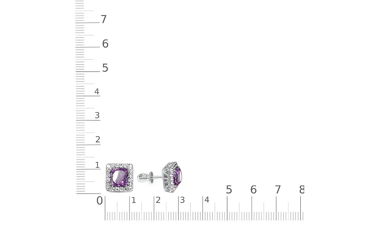 Серьги-пусеты из белого золота с 2 аметистами и 40 фианитами