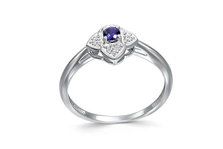 Кольцо Цветок из белого золота с сапфиром и 12 фианитами
