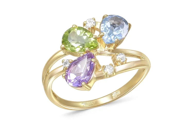 Кольцо из жёлтого золота с аметистом, топазом sky и хризолитом