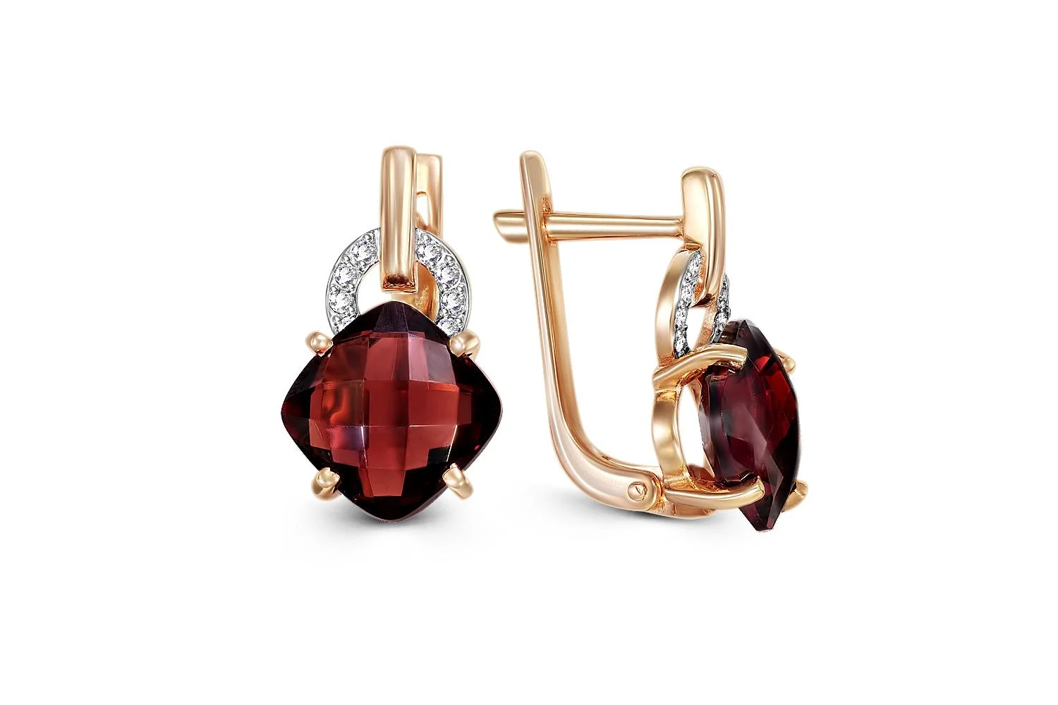 Серьги из красного золота с 2 гранатами и 16 фианитами