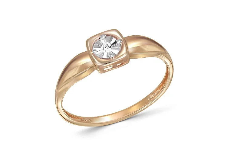 Кольцо Квадрат из красного золота с бриллиантом