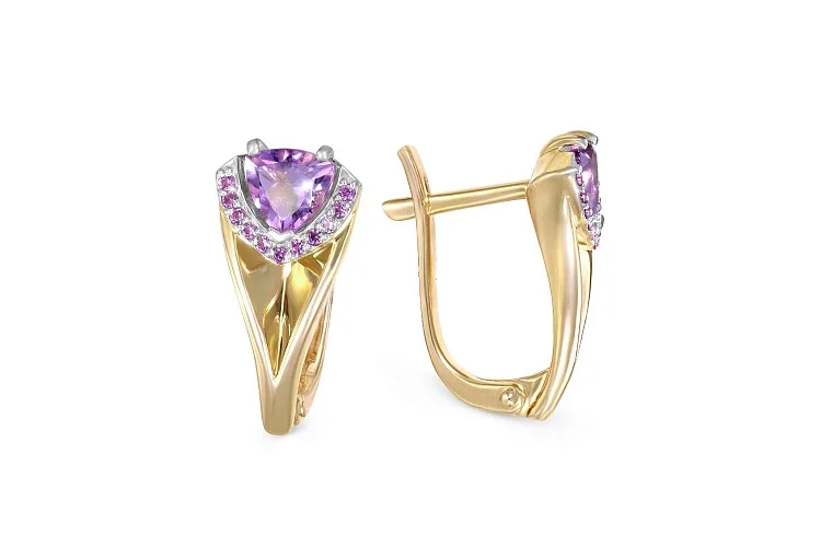 Серьги из жёлтого золота с 2 аметистами и 22 фианитами