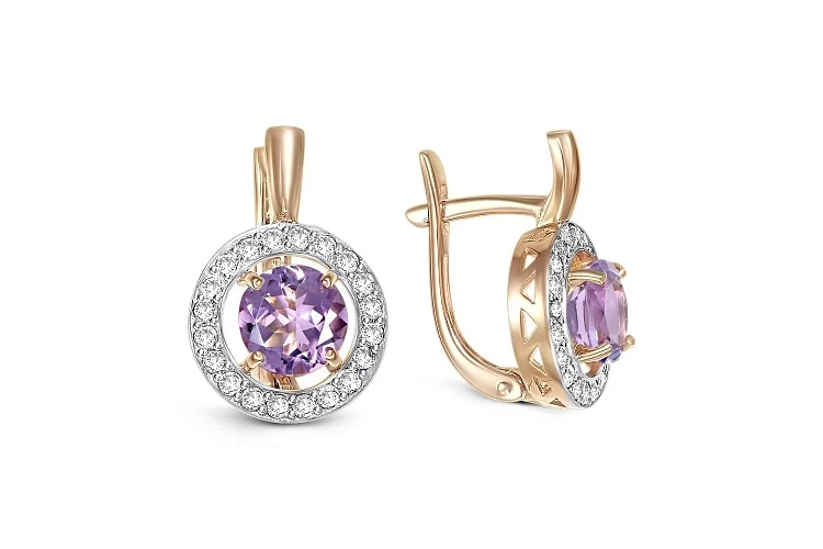 Серьги из красного золота с 2 аметистами и 40 фианитами