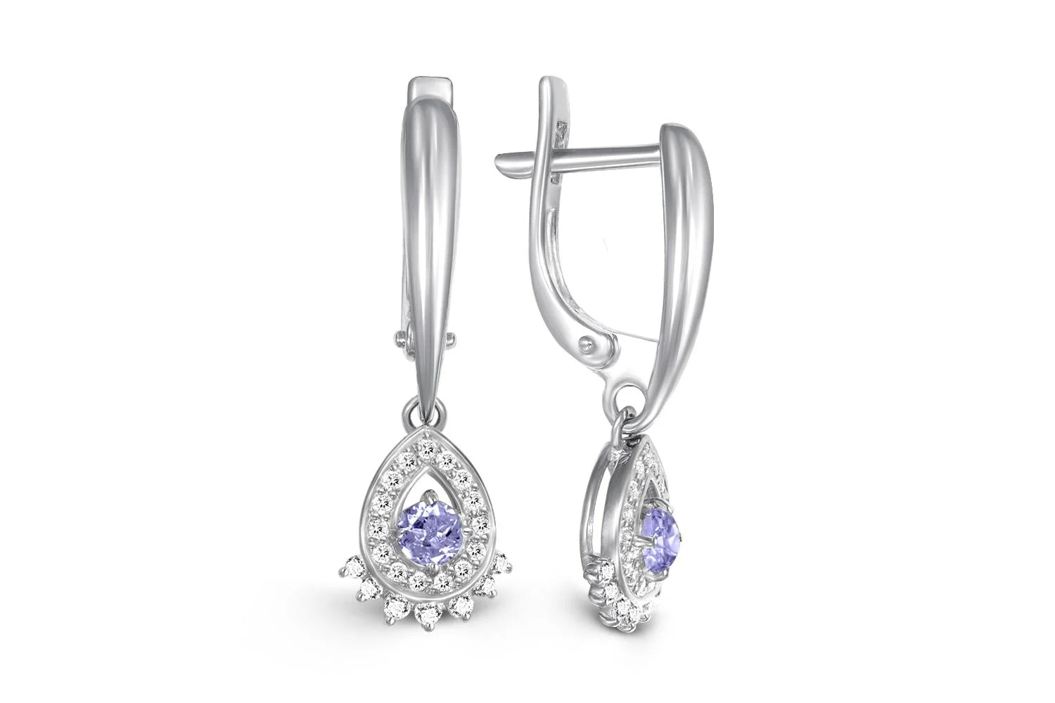 Серьги из белого золота с 2 танзанитами и 44 фианитами