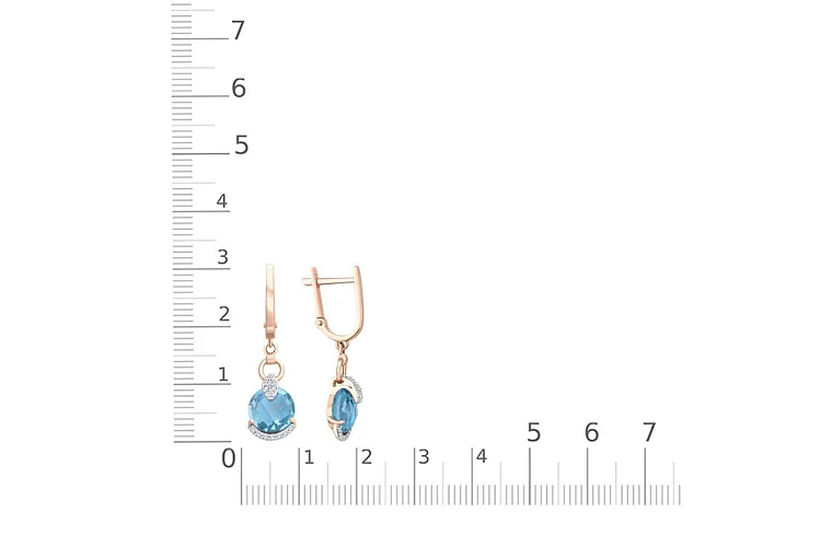 Серьги из красного золота с 2 топазами swiss и 28 фианитами