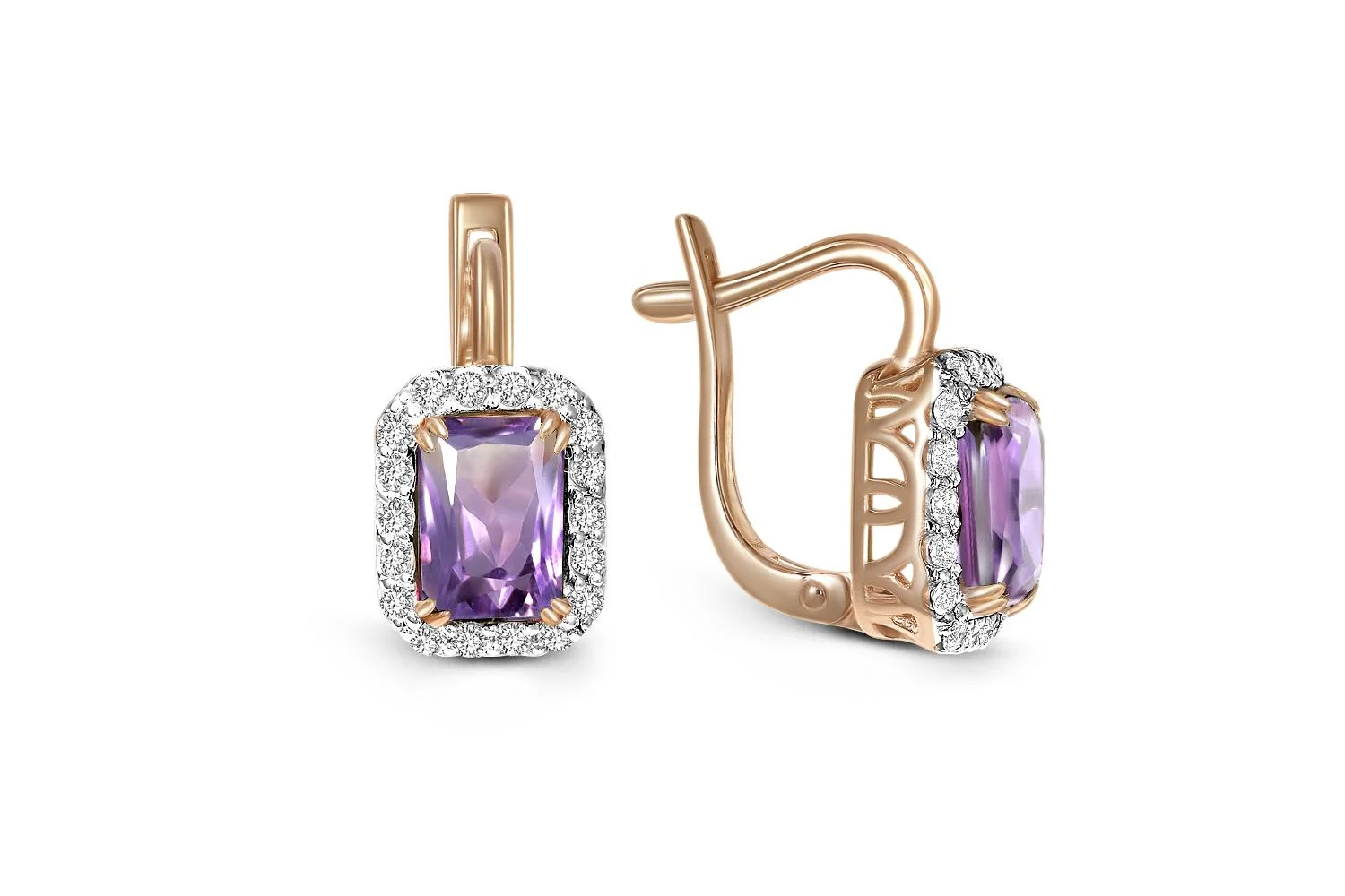 Серьги из красного золота с 2 аметистами и 36 фианитами