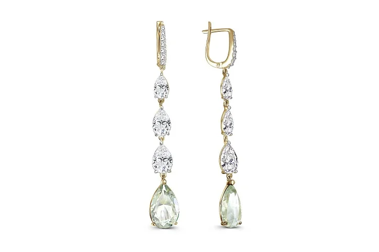 Серьги из жёлтого золота с 2 аметистами и 20 фианитами