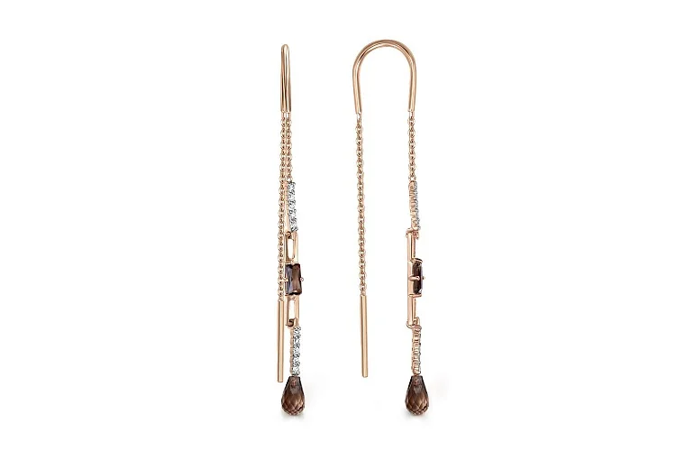 Серьги-продёвки из жёлтого золота с 4 раухтопазами и 20 фианитами