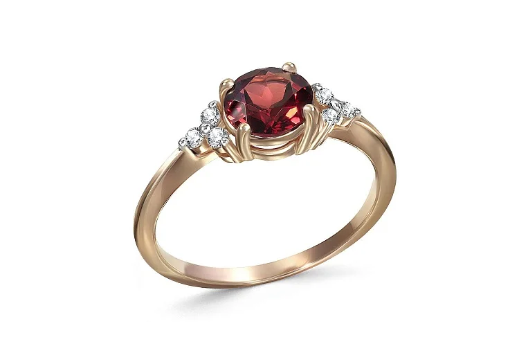 Кольцо из красного золота с гранатом и 6 фианитами