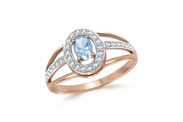 Кольцо из красного золота с топазом sky и 30 фианитами