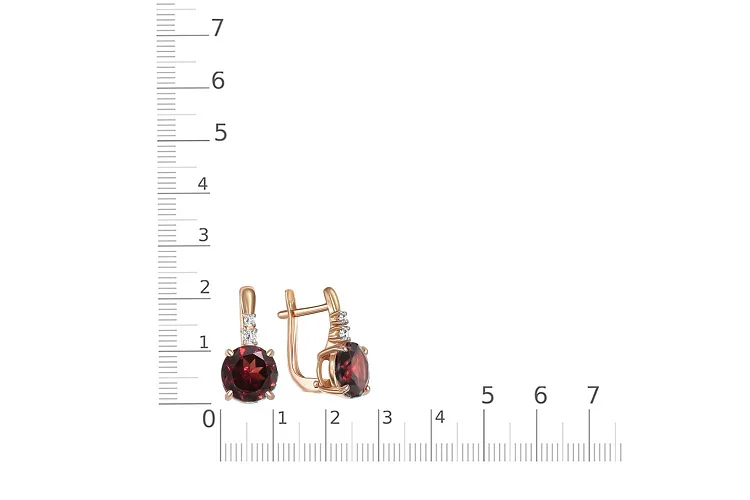 Серьги из красного золота с 2 гранатами и 4 фианитами