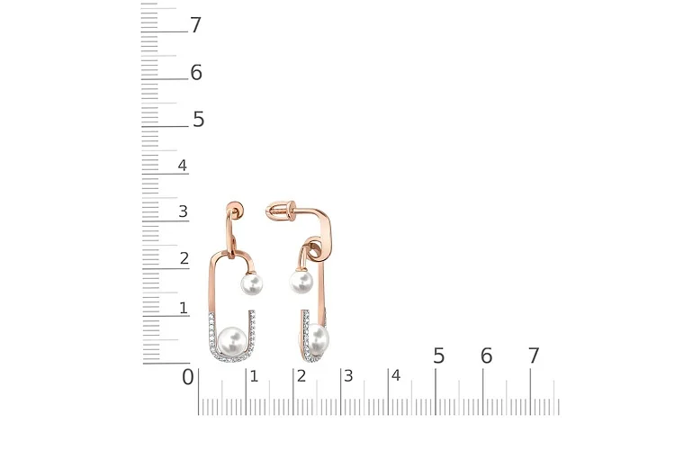 Серьги-пусеты из красного золота с 4 жемчужинами и 44 фианитами